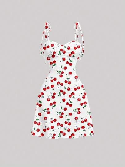 SHEIN MOD Vestido ceñido con abertura en los hombros, cintura fruncida y vuelo en el bajo con estampado de cerezas, casual y elegante, adecuado para el verano