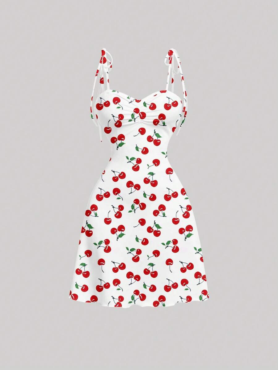 SHEIN MOD Đầm ôm body hở vai, nhún eo, viền xòe, họa tiết anh đào, thanh lịch, giản dị dành cho nữ, thích hợp cho mùa hè - Nhiều màu - Xem 1