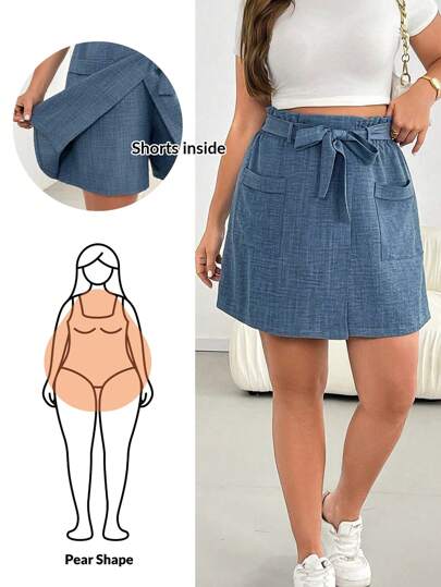 SHEIN Essnce Plus Size Women Spring And Summer Fashion Casual Loose Comfortable Daily Cool Light Fabric Elastic Waist Blue Shorts With Pockets,Skort,Vacation,Women Bottom,Boho,European Summer,Flowy Shorts,Comfy Shorts,Airport,Bermuda Shorts