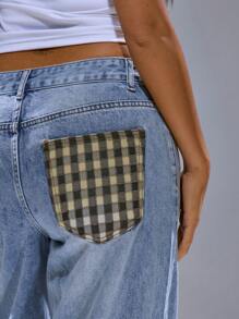 MUSERA 拼接口袋直筒牛仔裤，春夏皆宜，街头风，Y2K风格，酷女孩，都市风，适合7月4日独立日、日常休闲、秋季、返校季、办公室工作等各种场合。 - 藍色 - 查看 5