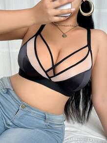 Áo ngực cỡ lớn Romantic French có dây đeo chéo bằng lưới satin mỏng 3/4 Cup - màu đen - Xem 1