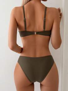 SHEIN Swim Bộ đồ bơi bikini 2 mảnh cho nữ - Quần short cạp chun và mảnh ngực xoắn, đồ bơi đi biển thường ngày - xanh quân đội - Xem 3