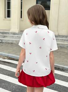 SHEIN Tween Girl Short Sleeve Shirt In Summer Is A Must-Have. The Cherry Pattern On The Shirt Looks Vivid, As If Dotting Sweet Fruits. It Is The Perfect Choice To Create An Adorable Look For Your Little One. - White - View 4