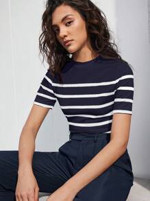 BizChic Camiseta ajustada con manga corta y cuello de rayas para mujer, elegante moda casual de negocios para uso urbano, adecuado para maestros, oficina, escuela, salidas, Top básica