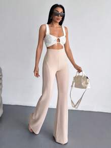 EURMUSE 女士纯色休闲侧杯细节喇叭腿裤女士下装女装女装夏季服装