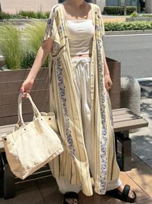FRIFUL 女士撞色条纹印花度假风宽松大码深V领连衣裙，夏季女装，夏季套装，女士工作装，夏季连衣裙，舞会礼服 - 杏色 - 查看 2