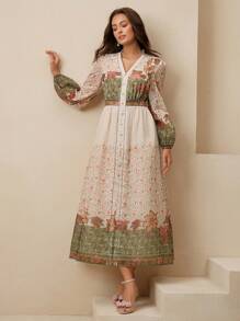 Anewsta Đầm nữ dài tay cổ đứng in họa tiết cổ điển phong cách Bohemian Beach Resort - Nhiều màu - Xem 7