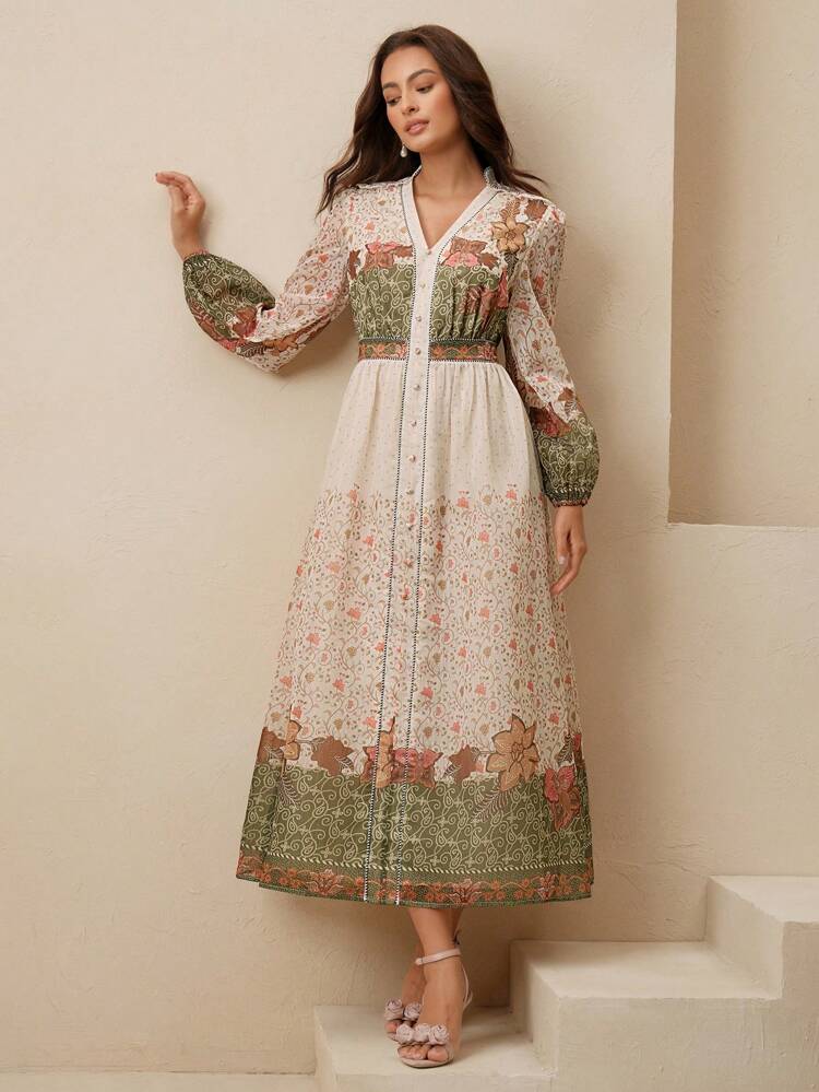 Bohemian Beach Resort Style Vintage Print Waist-Cinched Stand Collar Long Sleeve Women Dress