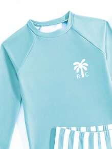 SHEIN 2 件套男童时尚休闲泳衣，条纹泳裤和纯色防晒上衣，适合游泳、海滩度假 - 青碧色 - 查看 5