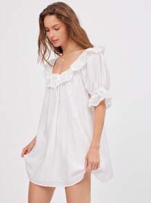 WESTFADE Textured Woven & Floral Eyelet Ruffle Scoop Neck Short Puff Sleeve Cute Bow Tie Mini Summer Sun Dress - White - View 4