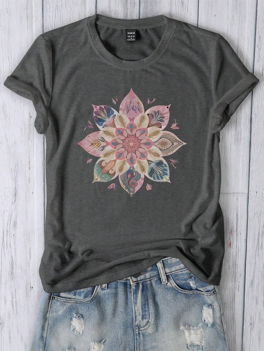 Women Floral Print Fitted T-Shirt, Casual Summer - Dark Grey - View 1