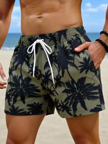 Manfinity Swimmode Men's Coconut Tree Print Beach Shorts, Vacation Casual - Olive Green - View 1