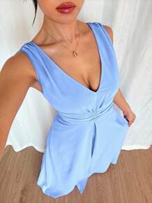 Breezaya Elegant V-Neck Ruched Waist Pearl Chiffon Wide Leg Jumpsuit, Suitable For Wedding Guest Dresses, Purple, Graceful Ladies Jumpsuit Light Blue Jumpsuit Elegant Jumpsuit Summer Jumpsuit - Baby Blue - View 5