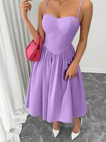 Rafferiza 秋冬女士时尚百搭约会派对细肩带喇叭裙 - 淡紫色 - 查看 4