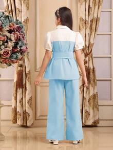Tween Girls' Summer 2 Pieces Set: Puff Sleeve Button-Up Shirt And Shorts' - Blue and White - View 2