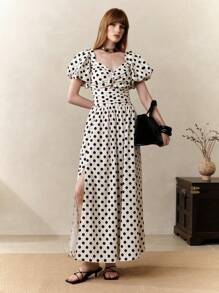EMERY ROSE Váy tay bồng họa tiết chấm bi và sọc dệt có dây thắt lưng, cổ vuông, eo xếp ly, xẻ tà, dễ thương và thanh lịch dành cho nữ, mùa hè - trắng - Xem 5
