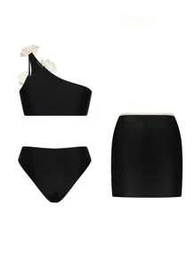 Swim Oasis Oasis 3 Stücke Set: Schwarzer Anzug, eleganter weißer 3D Blumen Dekor transparenter Mesh Cover-Up, geeignet für Sommerbekleidung - Schwarz - Übersicht 2