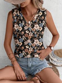 EMERY ROSE Plus Size Women Ditsy Floral V-Neck Casual Camisole Tank Top, Romantic Summer Vacation Wear Back To School - Multicolor - View 4