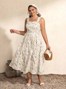 SHEIN Touch of Art Rochie de vară Joris Hoefnagel Plus Size pentru femei, cu model floral, fără spate, pentru vacanță, rochie de grădină, midi, de vară, de lungime medie, pentru petrecere în grădină, rochii de petrecere în grădină