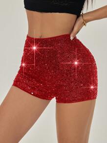 SHEIN PETITE Pantaloncini aderenti da donna con decorazioni in paillettes, adatti per l'estate