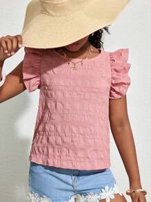 女童淡粉色交叉露背荷叶边涤纶上衣，日常休闲荷叶袖圆领常规下摆，少女时尚 - 藕粉色 - 查看 2