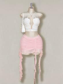 SHEIN ICON Falda de tul rosa con volantes, pliegues y ruedo con volantes, talla grande, para primavera - Rosa Pálido - Ver 8