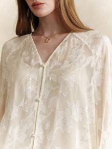 EMERY ROSE Camicetta casual elegante da donna con maniche a lanterna, scollo a V e bottoni, in tessuto jacquard floreale, adatta per l'ufficio, l'estate, il tempo libero, le vacanze, i festival e l'abbigliamento casual per insegnanti - Albicocca - Visualizzare 2