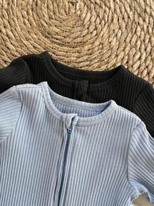 Loomiva 2pcs/Set Newborn Infant Baby Multipack Long Sleeve Solid Color Knit Soft Round Neck Long Sleeve Footed Romper & Pants Set Newborn Zipper Suit Baby Zipper Romper Fall Winter - Multicolor - View 3