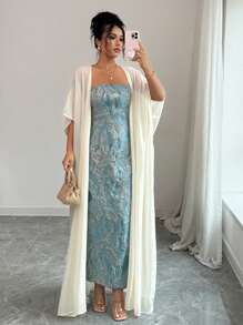 Elenzga 2025春夏奢华极简主义露肩蓝色连衣裙配白色披肩 - 彩色 - 查看 1