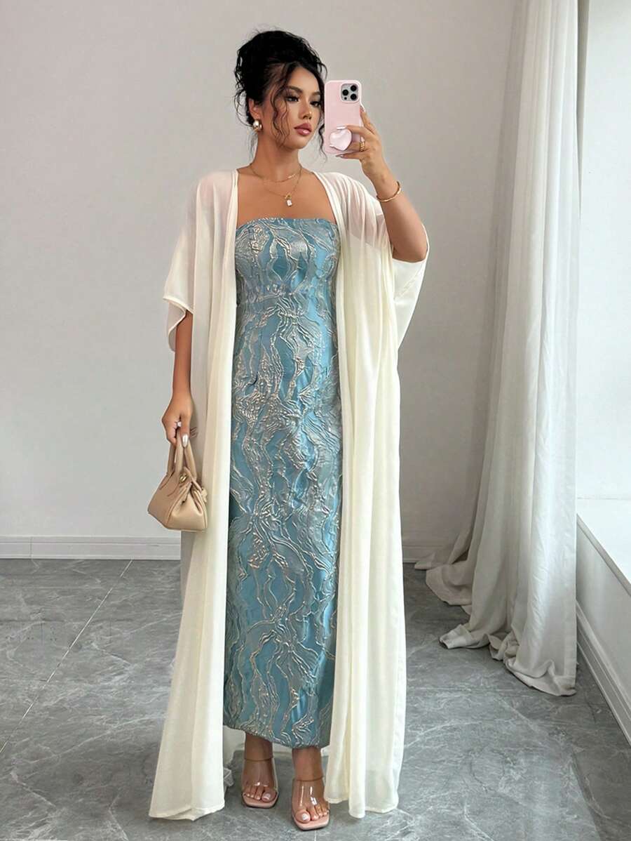 Elenzga 2025春夏奢华极简主义露肩蓝色连衣裙配白色披肩 - 彩色 - 查看 1