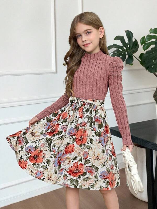 SHEIN Tween Girls Color Block Pink Floral Print Puff Sleeve Belted Dress