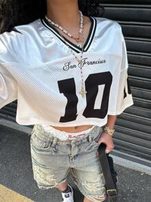 SHEIN EZwear Maglietta casual estiva da donna taglie forti con scollo a V e spalle scoperte, con stampa di lettere