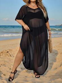 SHEIN CURVE+ Vestito estivo da donna con taglio a vista, manica corta, girocollo, in tessuto traslucido e colorazione tinta unita, con orlo fendente, adatto per l'estate, vacanze in campagna, spiaggia