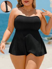 SHEIN Swim Curve Traje de baño de dos piezas tipo bandeau para mujer de talla grande, vestido ajustado y estilizador