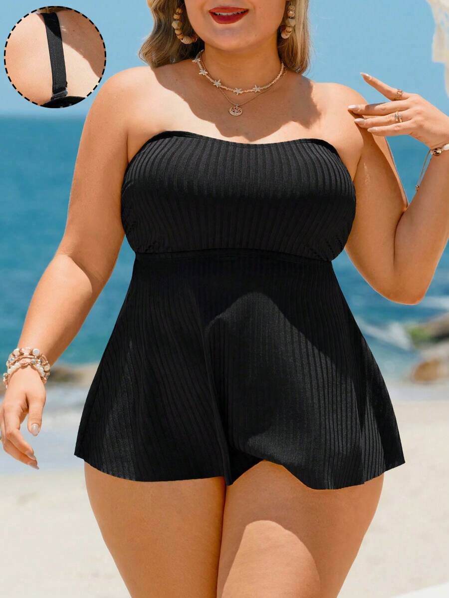 SHEIN Swim Curve Traje de baño de dos piezas tipo bandeau para mujer de talla grande, vestido ajustado y estilizador