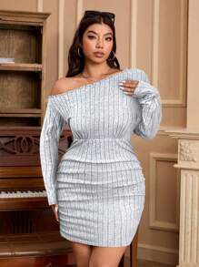 SHEIN EZwear 大码女式纯色罗纹长袖不对称领口修身连衣裙，秋冬 - 淺灰色 - 查看 6
