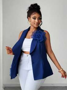 Maweii Plus Size Elegant Solid Color 3D Floral Decor Suit Vest Graduation,Back To School,Teacher Outfits For Women - Navy Blue - View 8