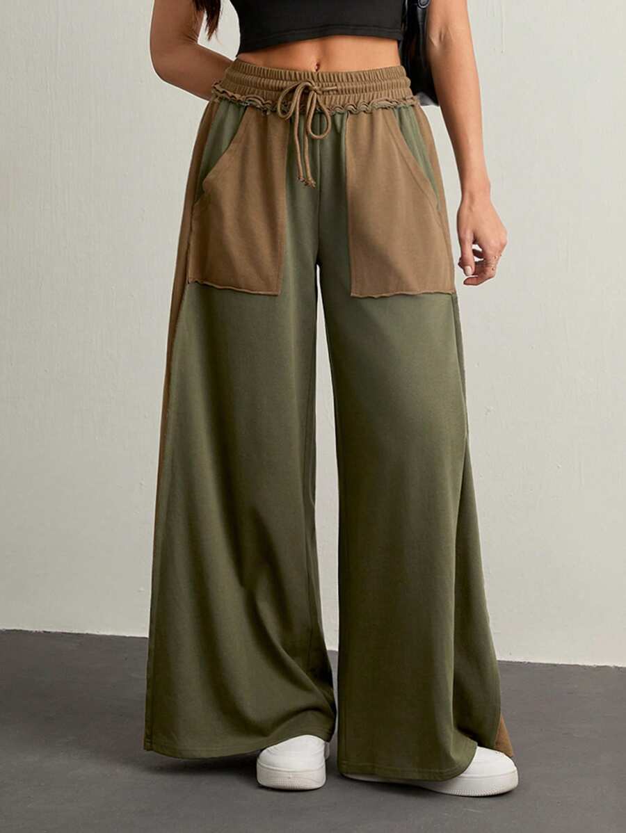 SHEIN Tall Women's Contrast Color Elastic Waist Drawstring Cargo Style Loose Pants, Summer - Multicolor - View 1