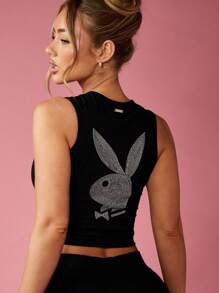 Missguided x Playboy 水钻装饰短款背心健身舞蹈工作室派对俱乐部节日夏季无袖健身健身房背心 - 黑色 - 查看 7