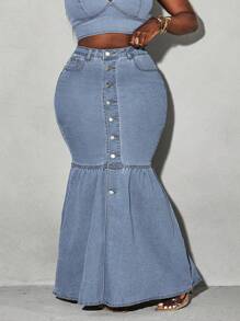 Slaydiva Plus Size Front Button Denim Skirt - Blue - View 4