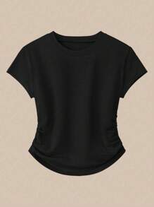 SHEIN MOOSTA Set da 2 pezzi composto da t-shirt a maniche corte con collo rotondo e plissettatura irregolare, e pantaloni a gamba ampia, in tinta unita, casual, multifunzionale, morbido, adatto per vacanze estive e uso quotidiano