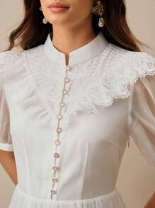 Anewsta Women's Solid Color Simple Daily French Lace Splice Puff Sleeve Mini Dress - White - View 1