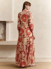 Arave 2 chiếc/bộ váy midi rộng rãi cổ chữ V in hoa cho nữ đi nghỉ ở bãi biển, mùa xuân và mùa hè - Màu be - Xem 5