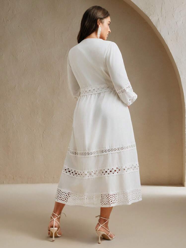Vestido elegante y romántico con aplicaciones de encaje, de color blanco para citas o playa, con cintura ceñida, tallas grandes para mujeres