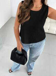 SHEIN Essnce Blusa sin espalda de tela texturizada cómoda y suelta de verano para mujer de talla grande, con lazo, sin mangas, de color negro, ideal para salidas, ropa estilo Y2K, verano europeo, Coachella, blusas de verano lindas, ropa occidental para mujer