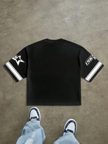 Manfinity ZONE917 Street Style Loose Cropped 15 Number Colorblock Print T-Shirt, Suitable For Summer