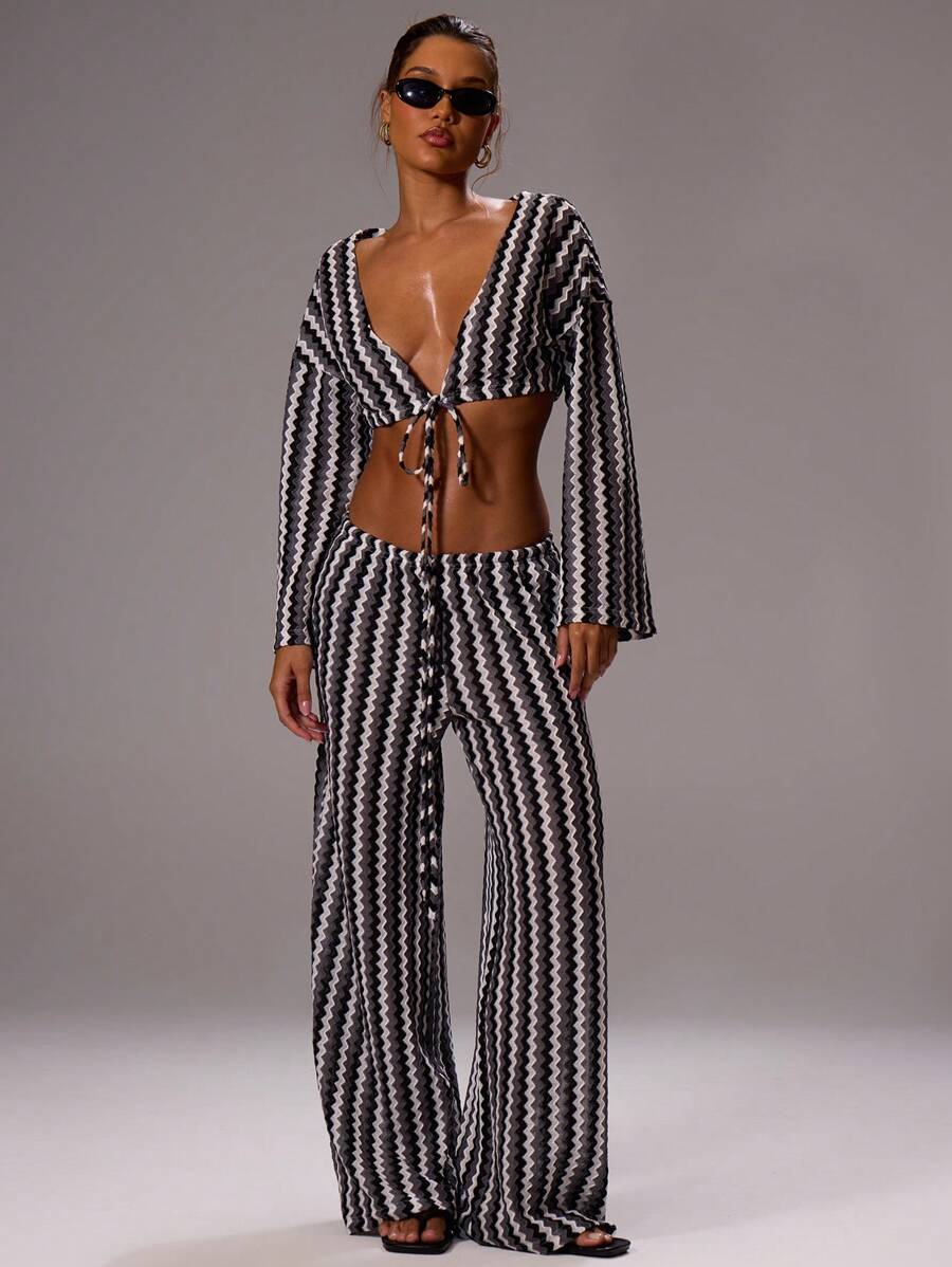 Musera Resort 系带前条纹钩针针织阔腿裤仅限春夏季假期性感波西米亚风伊比沙岛节海滩泳装罩衫狂欢生日婚礼宾客黑色秋季派对冬季 - 黑色 - 查看 1