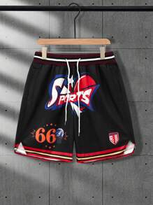 Manfinity Homme 1pc Men's Black Summer Gym Basketball Shorts,Streetwear Graphic Sports Logo Shorts With Burgundy Waistband And White Stripe Trim - Black - View 1
