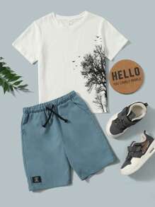SHEIN Tween Boy Tree & Bird Print Tee & Drawstring Waist Shorts