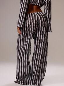 Musera Resort 系带前条纹钩针针织阔腿裤仅限春夏季假期性感波西米亚风伊比沙岛节海滩泳装罩衫狂欢生日婚礼宾客黑色秋季派对冬季 - 黑色 - 查看 2